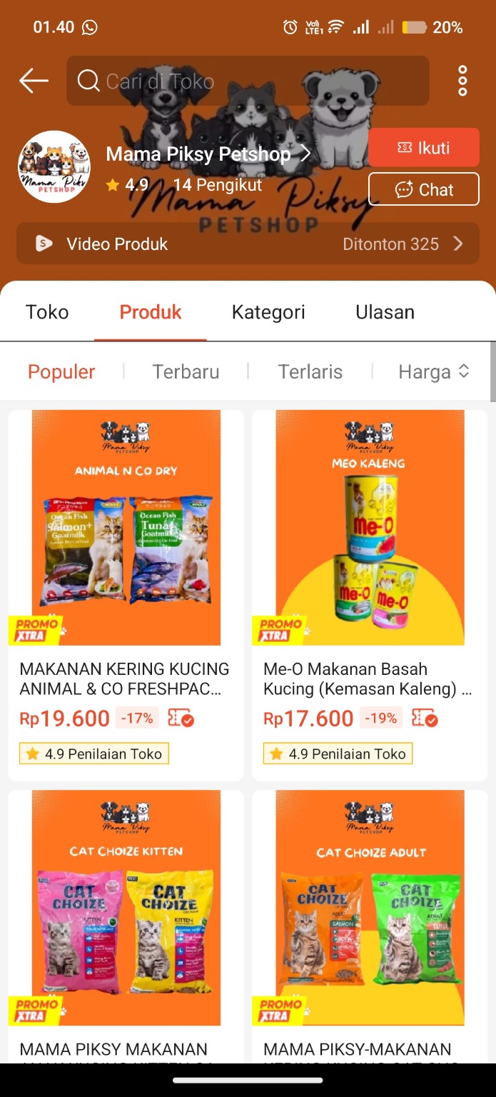 Tampilan toko Shopee Mama Piksy Petshop